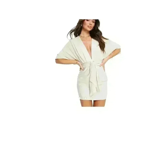ASOS DESIGN batwing tie front linen mini dress in natural  Size:8 - Picture 1 of 6